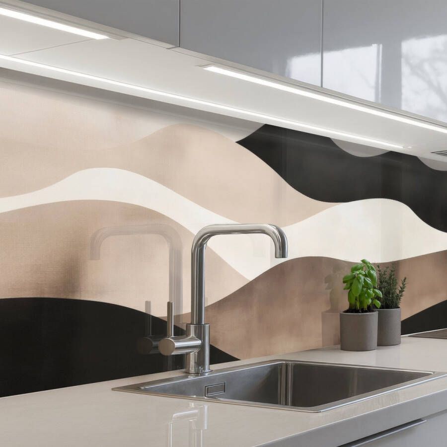 KitchenYeah Keuken achterwand 250x80 cm Spatscherm zelfklevend Abstract Landschap Golven Crèmekleur Muurbeschermer Spatwand fornuis