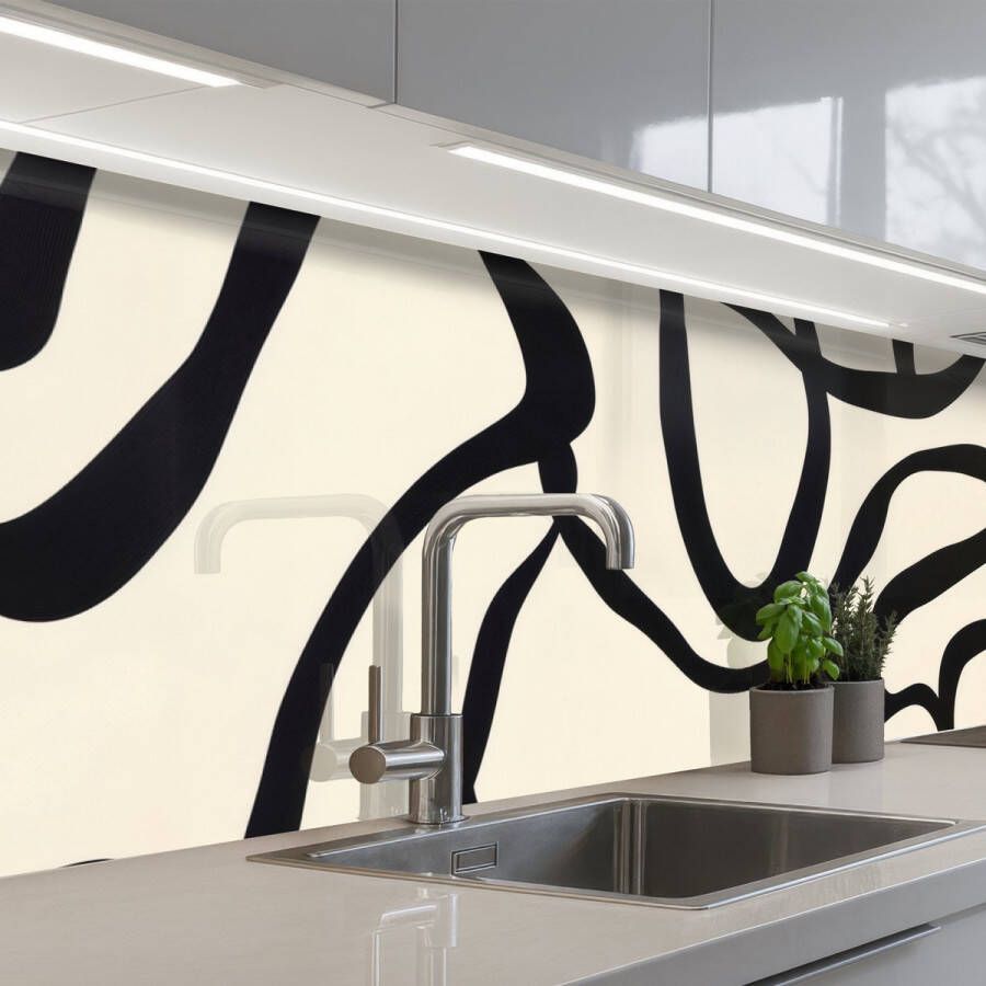 KitchenYeah Keuken achterwand 250x80 cm Spatscherm zelfklevend Abstract Lijnen Modern Beige Muurbeschermer Spatwand fornuis