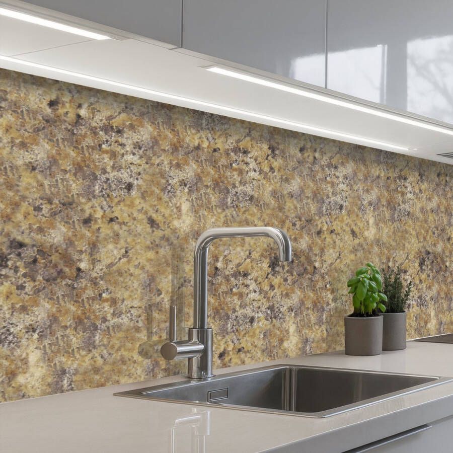KitchenYeah Keuken achterwand 250x80 cm Spatscherm zelfklevend Bruin Wit Vlekken Graniet print Muurbeschermer Spatwand fornuis