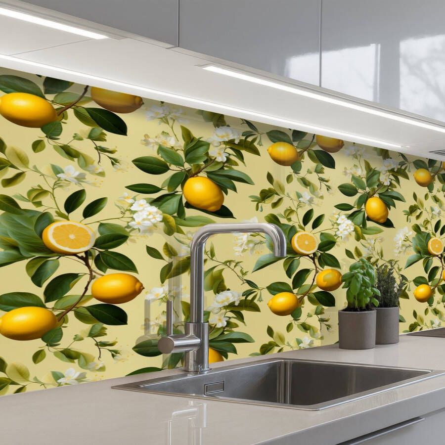 KitchenYeah Keuken achterwand 250x80 cm Spatscherm zelfklevend Citroen Groen Bloesem Muurbeschermer Spatwand fornuis