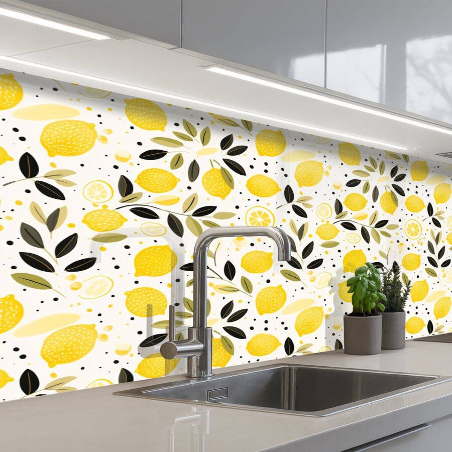 KitchenYeah Keuken achterwand 250x80 cm Spatscherm zelfklevend Citroenen Geel Wit Stippen Muurbeschermer Spatwand fornuis