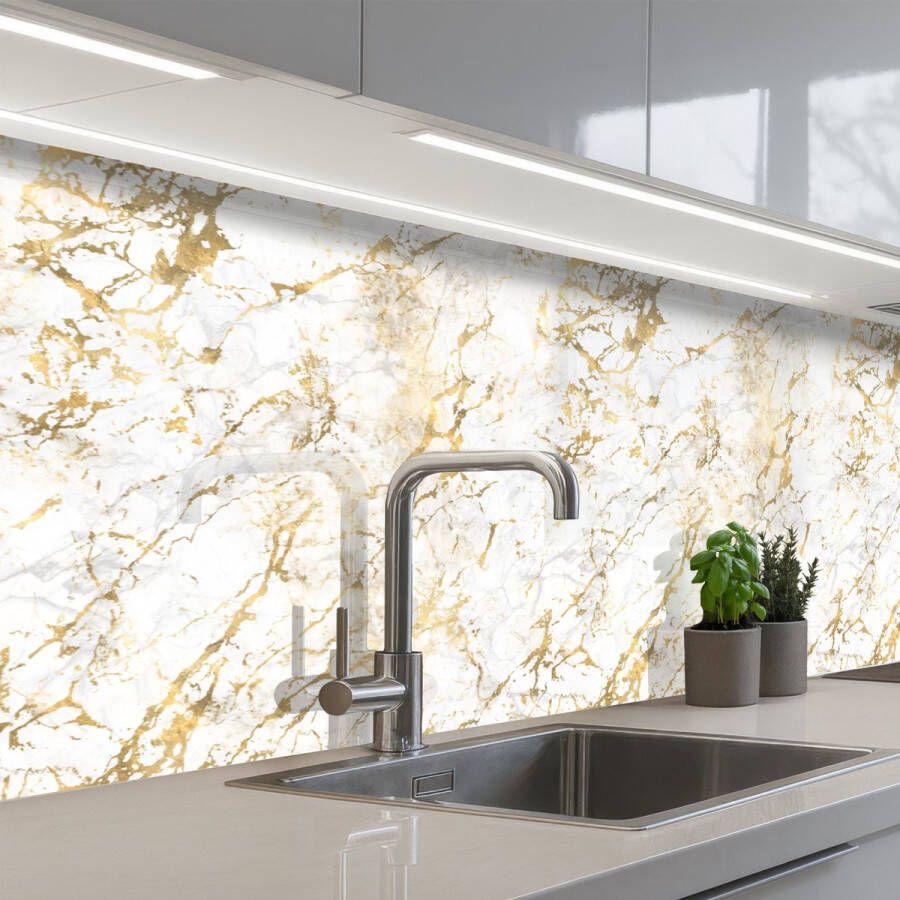 KitchenYeah Keuken achterwand 250x80 cm Spatscherm zelfklevend Goudspatten Wit Marmer print Muurbeschermer Spatwand fornuis