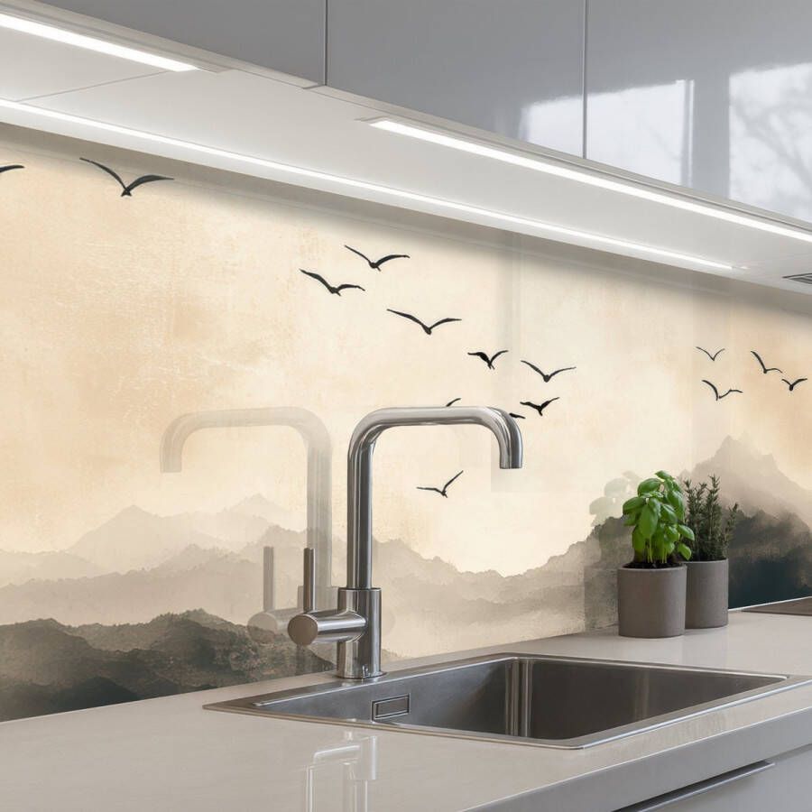 KitchenYeah Keuken achterwand 250x80 cm Spatscherm zelfklevend Landschap Japandi vogel Muurbeschermer Spatwand fornuis
