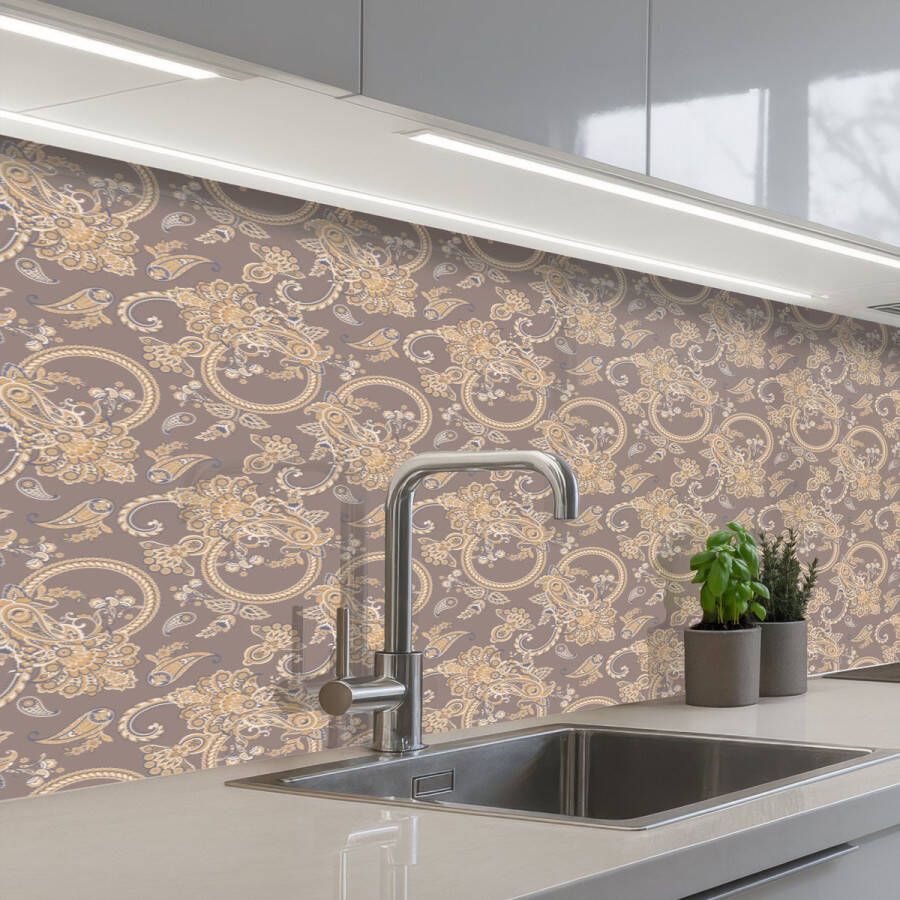 KitchenYeah Keuken achterwand 250x80 cm Spatscherm zelfklevend Oosters Bloemen Beige Grijs Muurbeschermer Spatwand fornuis