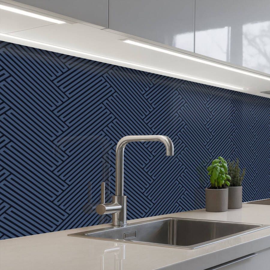 KitchenYeah Keuken achterwand 250x80 cm Spatscherm zelfklevend Zwart Blauw Patroon Strepen Muurbeschermer Spatwand fornuis
