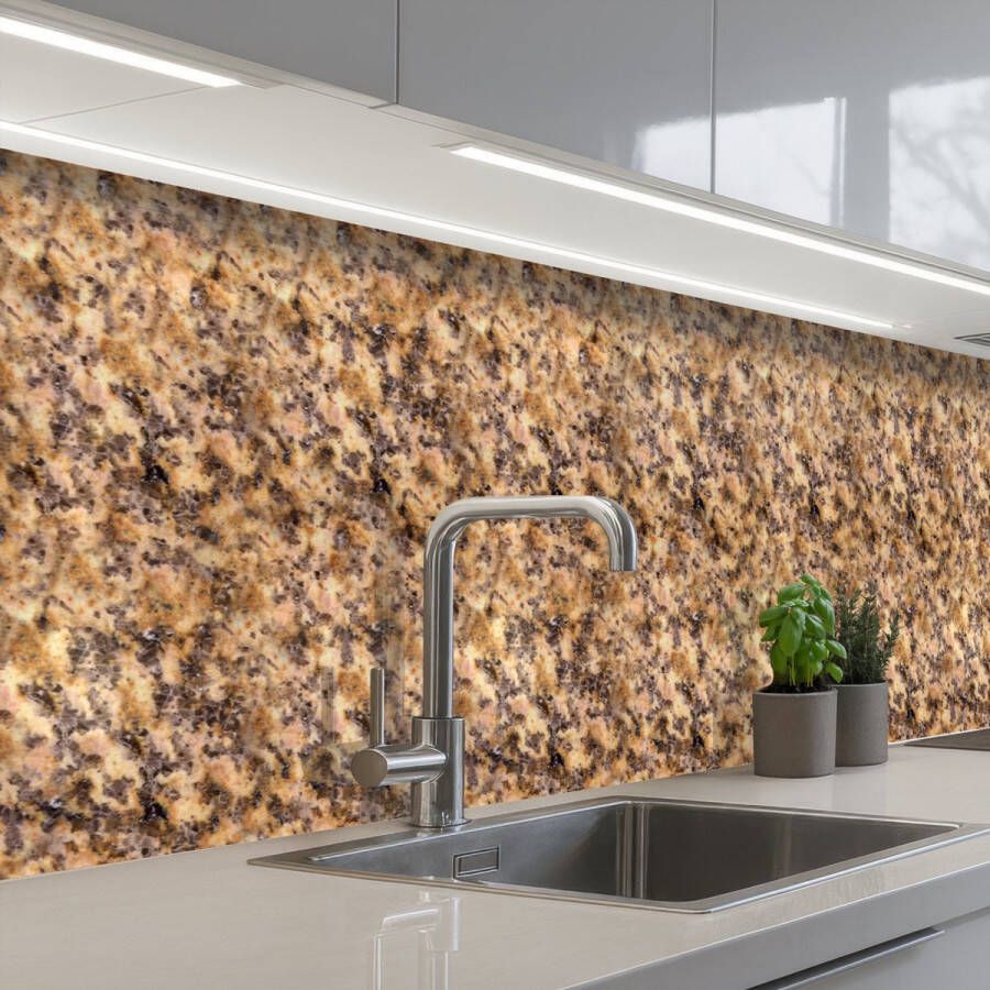 KitchenYeah Keuken achterwand 300x60 cm Spatscherm zelfklevend Bruin Roze Graniet print Muurbeschermer Spatwand fornuis