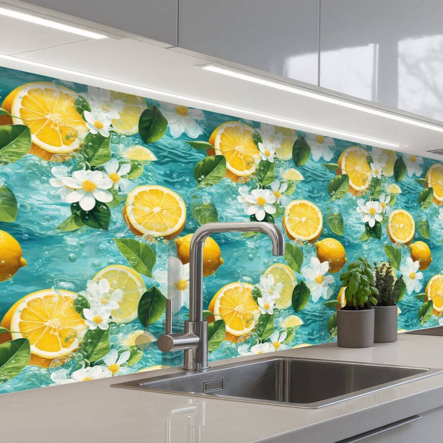 KitchenYeah Keuken achterwand 300x60 cm Spatscherm zelfklevend Citroen Bloemen Bruisend Water Muurbeschermer Spatwand fornuis