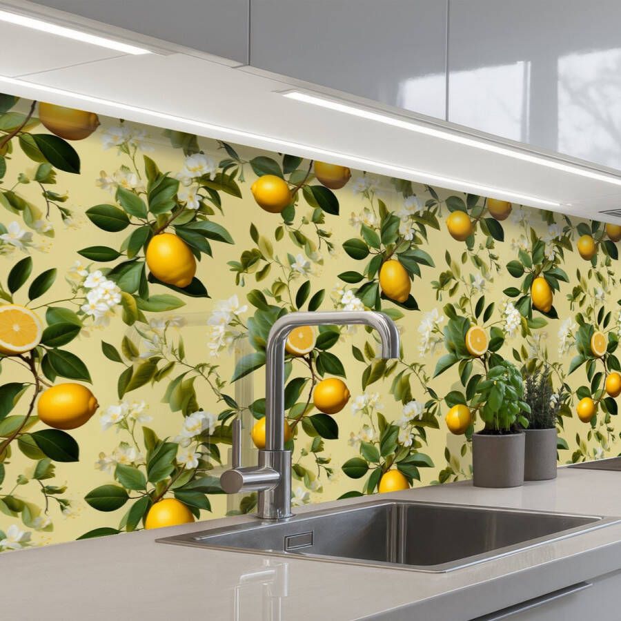 KitchenYeah Keuken achterwand 300x60 cm Spatscherm zelfklevend Citroen Groen Bloesem Muurbeschermer Spatwand fornuis