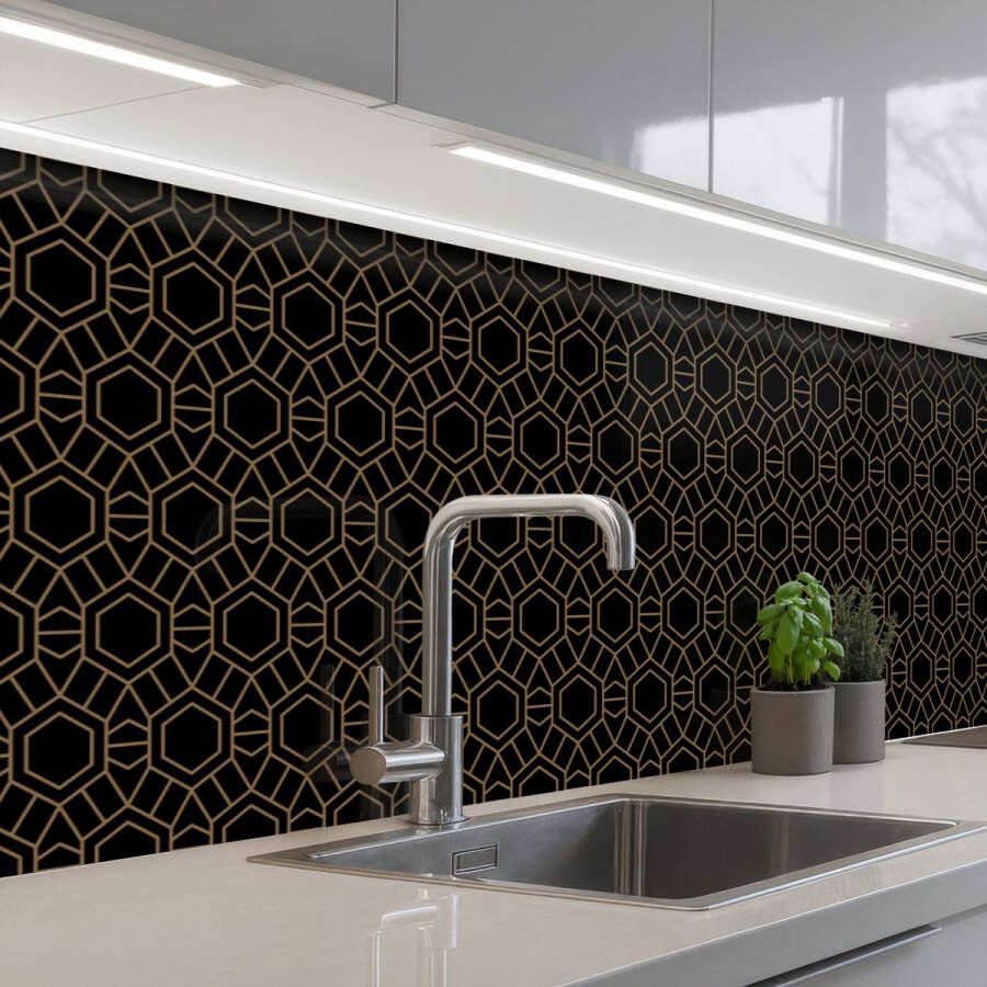 KitchenYeah Keuken achterwand 300x60 cm Spatscherm zelfklevend Goud Zwart Rozetstructuur Muurbeschermer Spatwand fornuis