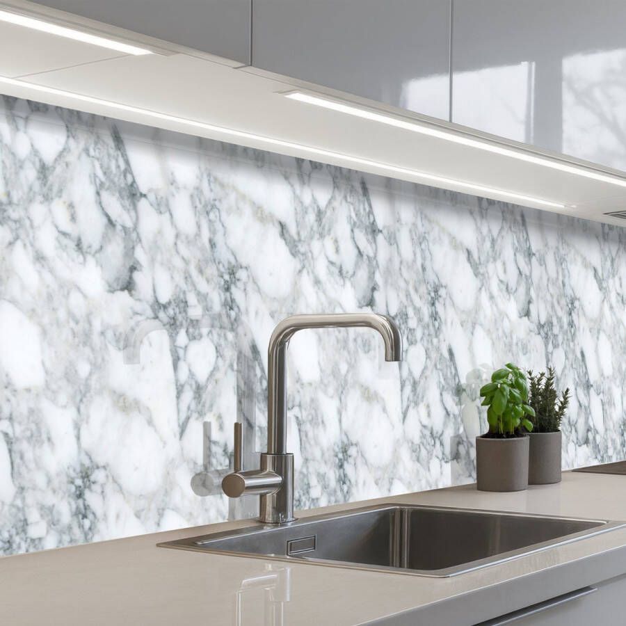 KitchenYeah Keuken achterwand 300x60 cm Spatscherm zelfklevend Mozaïek Marmer print Wit Onregelmatig Muurbeschermer Spatwand fornuis