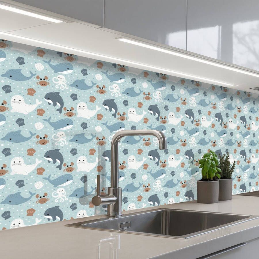 KitchenYeah Keuken achterwand 300x60 cm Spatscherm zelfklevend Oceaan Walvis Zeehond Krab Muurbeschermer Spatwand fornuis