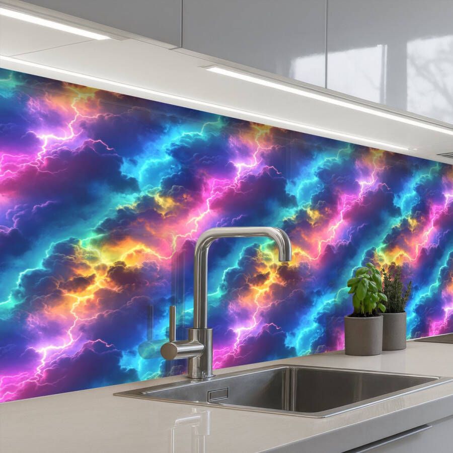 KitchenYeah Keuken achterwand 300x60 cm Spatscherm zelfklevend Storm Bliksem Regenboog Muurbeschermer Spatwand fornuis