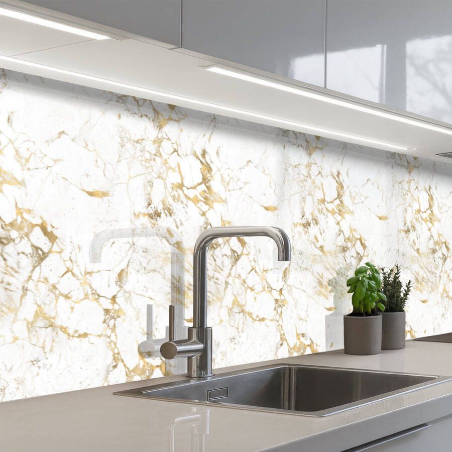 KitchenYeah Keuken achterwand 300x60 cm Spatscherm zelfklevend Wit Marmer print Luxe Goud Muurbeschermer Spatwand fornuis