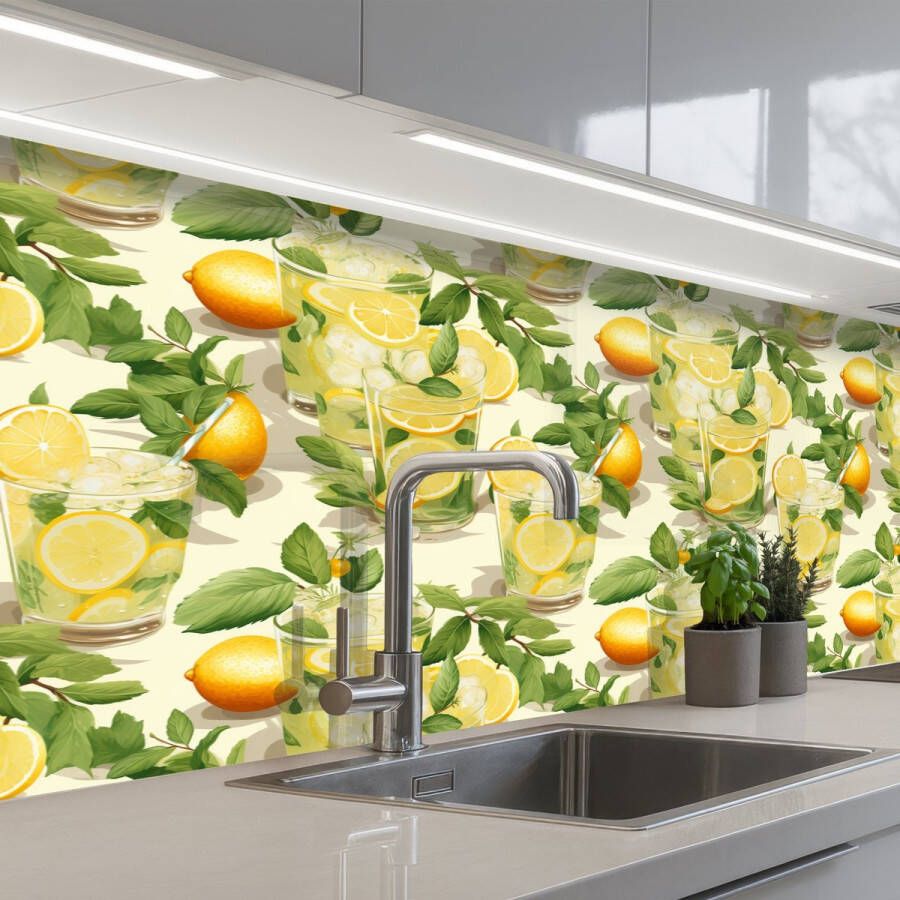KitchenYeah Keuken achterwand 300x80 cm Spatscherm zelfklevend Citroen Drankje Glas Munt Muurbeschermer Spatwand fornuis