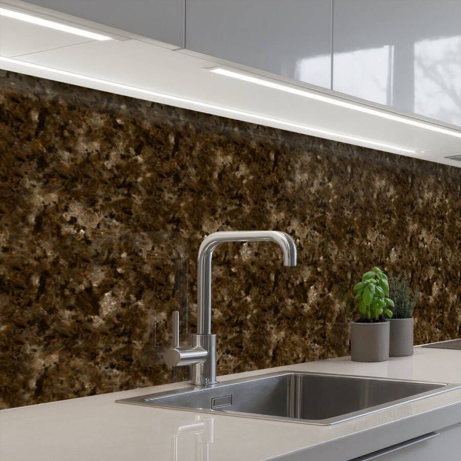 KitchenYeah Keuken achterwand 300x80 cm Spatscherm zelfklevend Donker Graniet print Bruin Muurbeschermer Spatwand fornuis