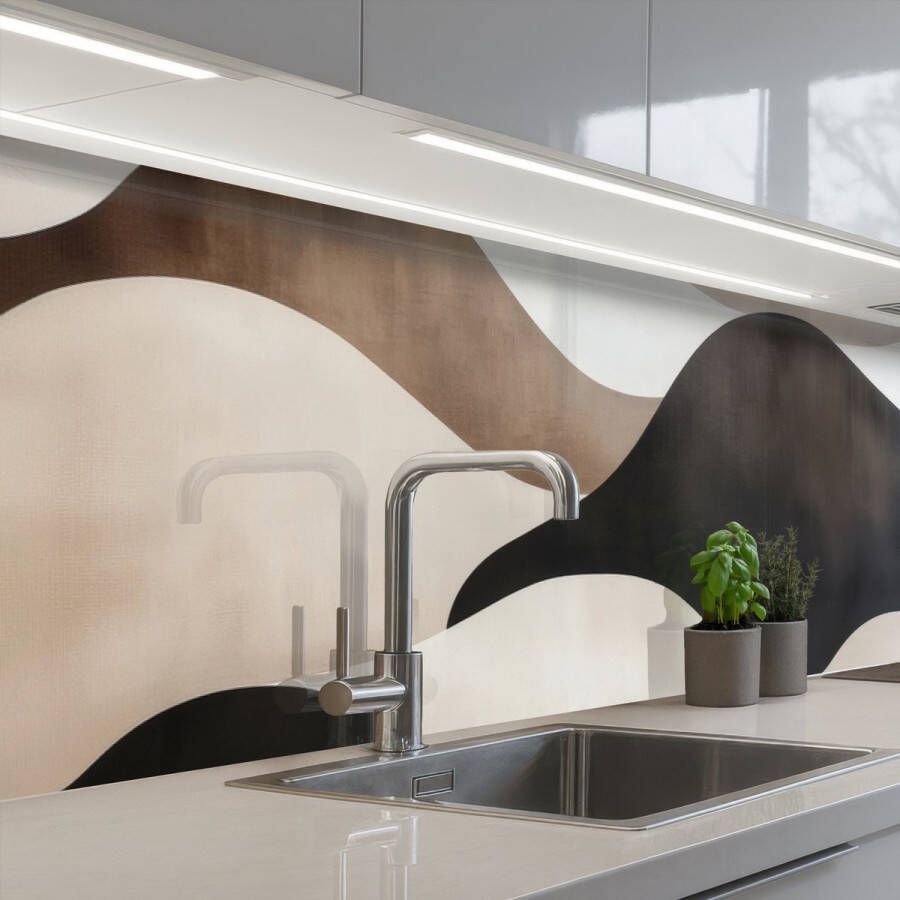 KitchenYeah Keuken achterwand 300x80 cm Spatscherm zelfklevend Golven Abstract Beige Muurbeschermer Spatwand fornuis