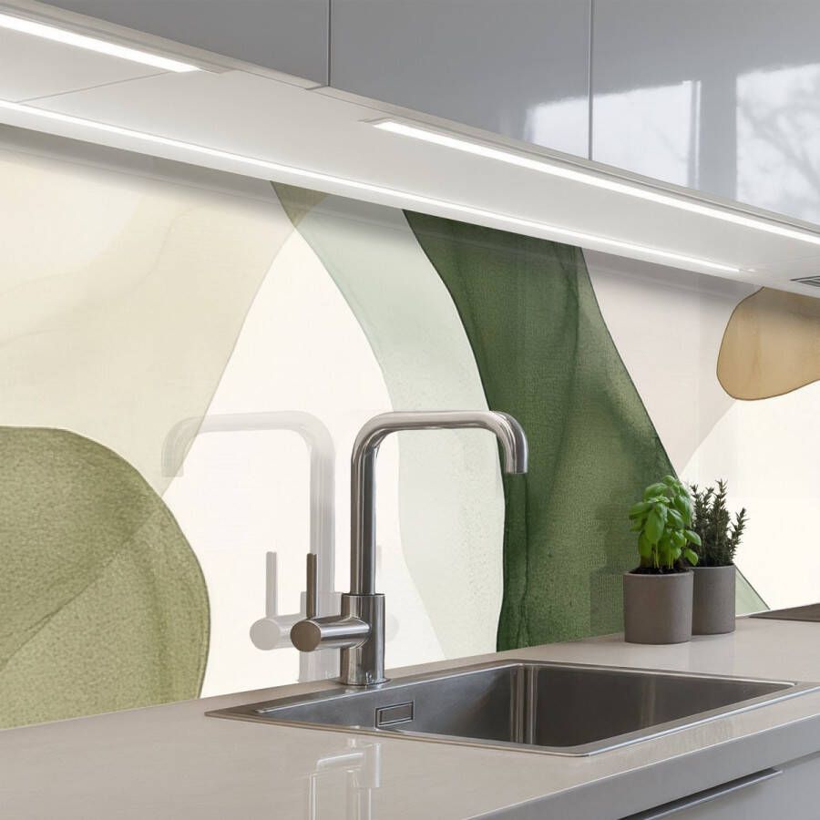 KitchenYeah Keuken achterwand 300x80 cm Spatscherm zelfklevend Japandi Abstract Groen Muurbeschermer Spatwand fornuis