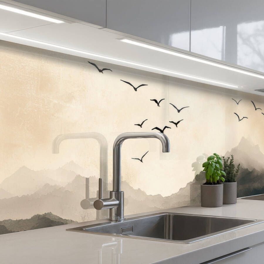 KitchenYeah Keuken achterwand 300x80 cm Spatscherm zelfklevend Landschap Japandi vogel Muurbeschermer Spatwand fornuis