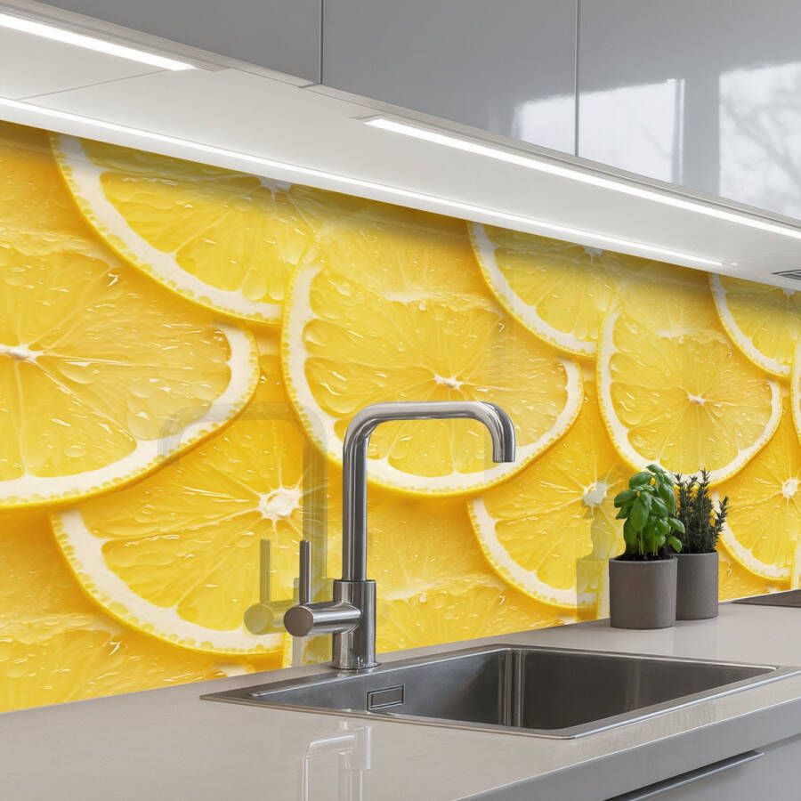 KitchenYeah Keuken achterwand 300x80 cm Spatscherm zelfklevend Schijfjes Citroen Sap Muurbeschermer Spatwand fornuis