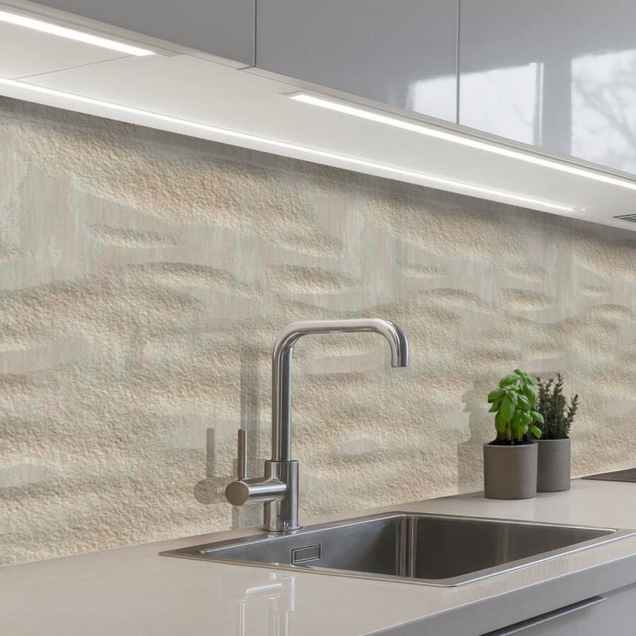 KitchenYeah Keuken achterwand 300x80 cm Spatscherm zelfklevend Steen Beige Textuur Muurbeschermer Spatwand fornuis
