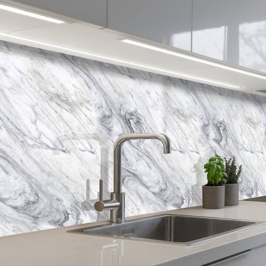 KitchenYeah Keuken achterwand 300x80 cm Spatscherm zelfklevend Wervelende Grijsstructuur Marmer print Wit Muurbeschermer Spatwand fornuis