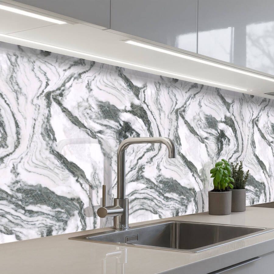 KitchenYeah Keuken achterwand 300x80 cm Spatscherm zelfklevend Wit Marmer print Golvend Grafiet Muurbeschermer Spatwand fornuis