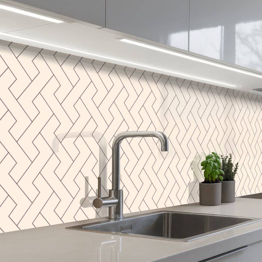 KitchenYeah Keuken achterwand 350x60 cm Spatscherm zelfklevend Beige Zigzag Patroon Muurbeschermer Spatwand fornuis