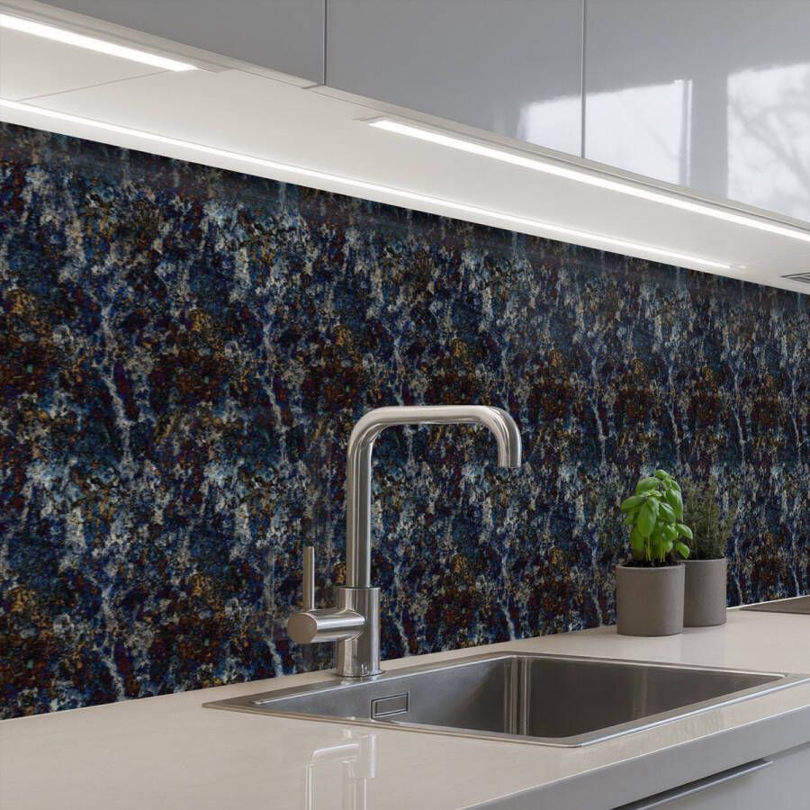KitchenYeah Keuken achterwand 350x60 cm Spatscherm zelfklevend Blauw Graniet print Donker Muurbeschermer Spatwand fornuis