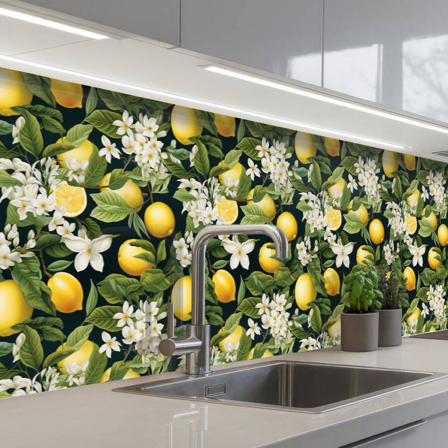 KitchenYeah Keuken achterwand 350x60 cm Spatscherm zelfklevend Hangende Citroenen Witte Bloemetjes Muurbeschermer Spatwand fornuis