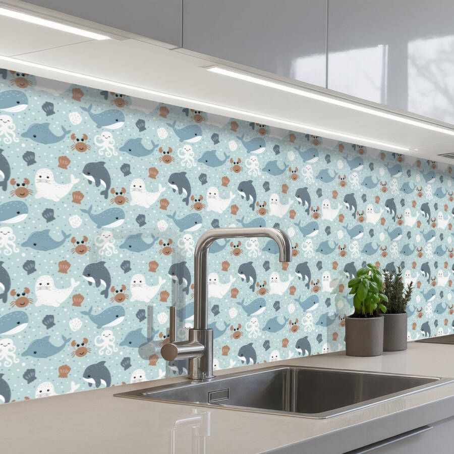 KitchenYeah Keuken achterwand 350x60 cm Spatscherm zelfklevend Oceaan Walvis Zeehond Krab Muurbeschermer Spatwand fornuis