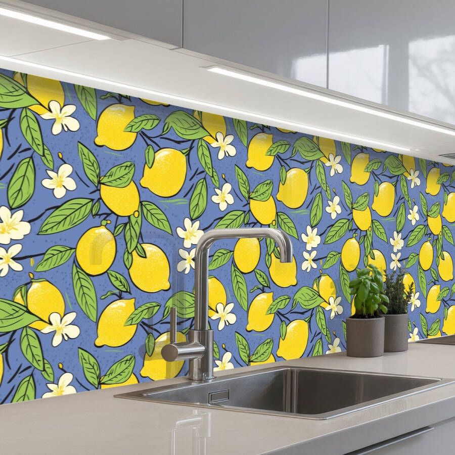 KitchenYeah Keuken achterwand 350x60 cm Spatscherm zelfklevend Patroon Citroen Illustratie Muurbeschermer Spatwand fornuis