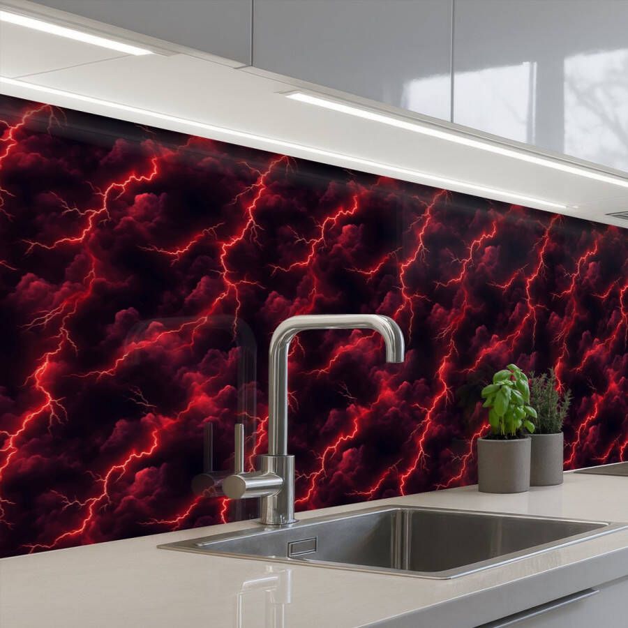 KitchenYeah Keuken achterwand 350x60 cm Spatscherm zelfklevend Rood Onweer Bliksem Wolken Muurbeschermer Spatwand fornuis