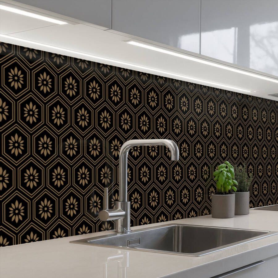 KitchenYeah Keuken achterwand 400x60 cm Spatscherm zelfklevend Bloemen Goud Hexagon Muurbeschermer Spatwand fornuis