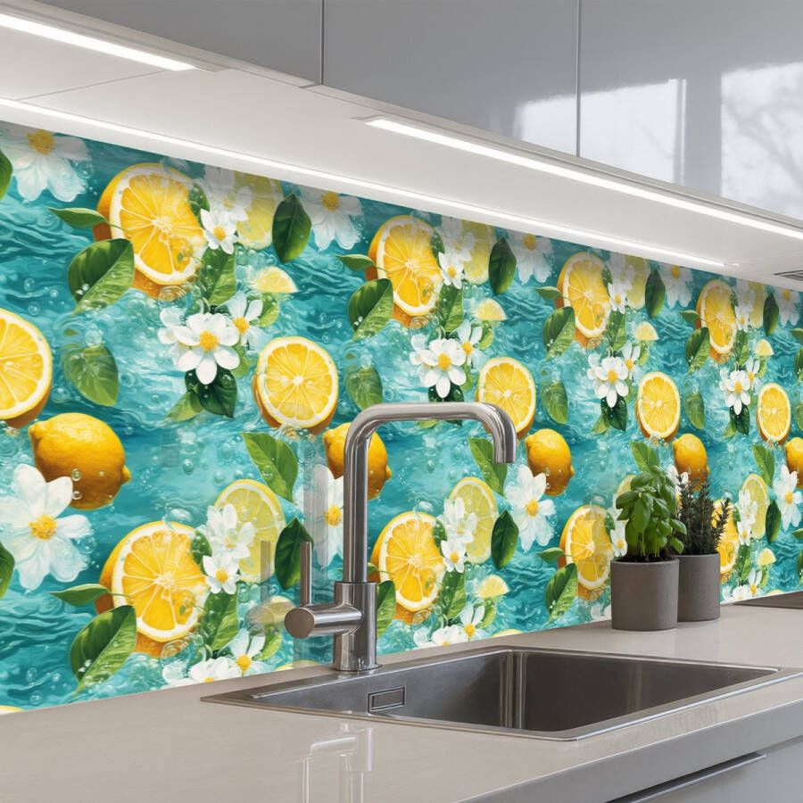KitchenYeah Keuken achterwand 400x60 cm Spatscherm zelfklevend Citroen Bloemen Bruisend Water Muurbeschermer Spatwand fornuis