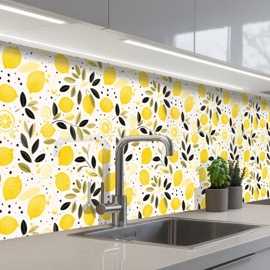 KitchenYeah Keuken achterwand 400x60 cm Spatscherm zelfklevend Citroenen Geel Wit Stippen Muurbeschermer Spatwand fornuis