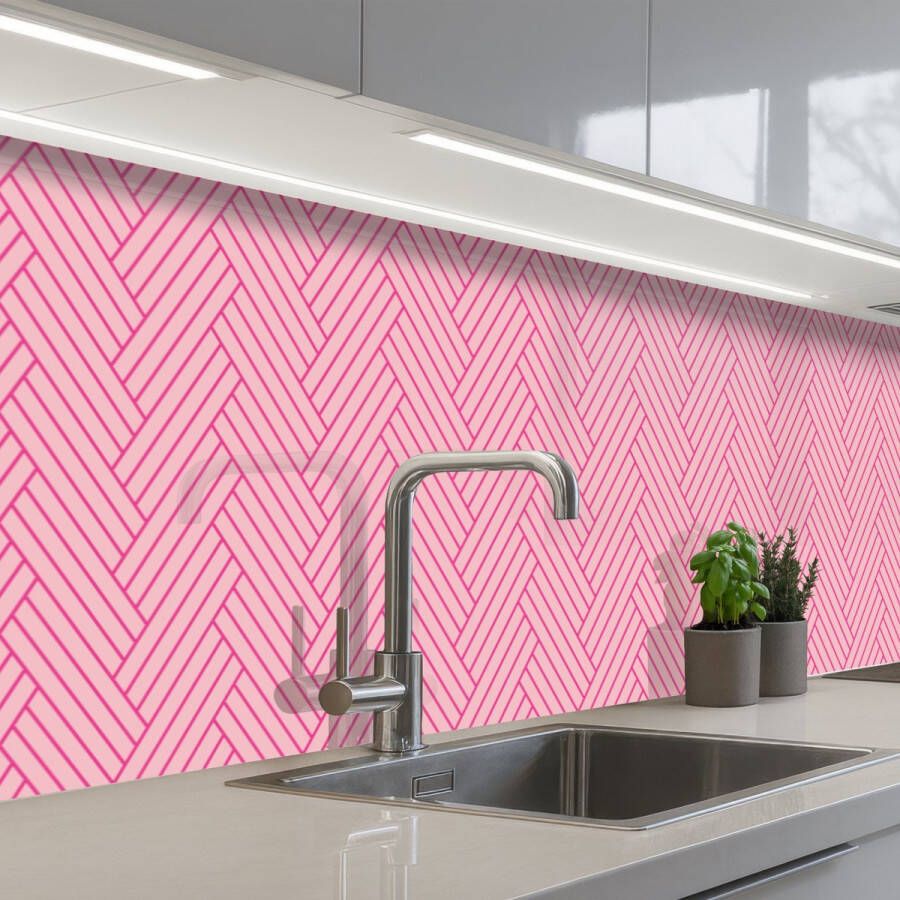 KitchenYeah Keuken achterwand 400x60 cm Spatscherm zelfklevend Roze Patroon Lijnen Muurbeschermer Spatwand fornuis