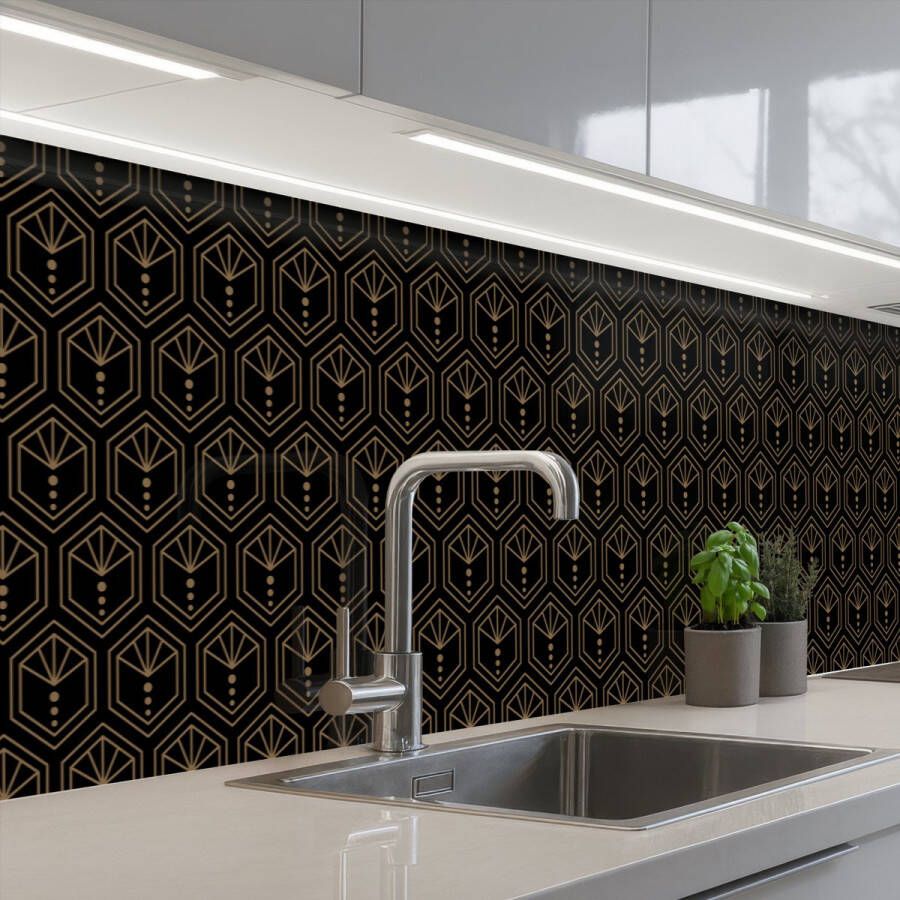 KitchenYeah Keuken achterwand 400x60 cm Spatscherm zelfklevend Zonnestraal Zwart Goud Stippen Muurbeschermer Spatwand fornuis