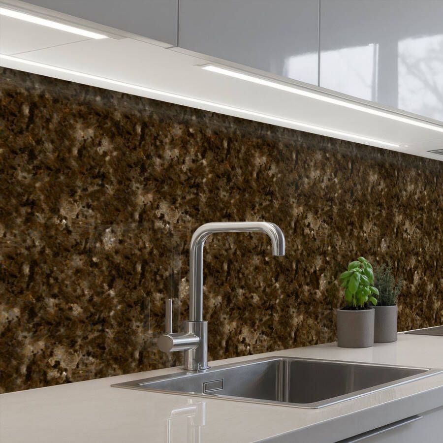 KitchenYeah Keuken achterwand 400x80 cm Spatscherm zelfklevend Donker Graniet print Bruin Muurbeschermer Spatwand fornuis