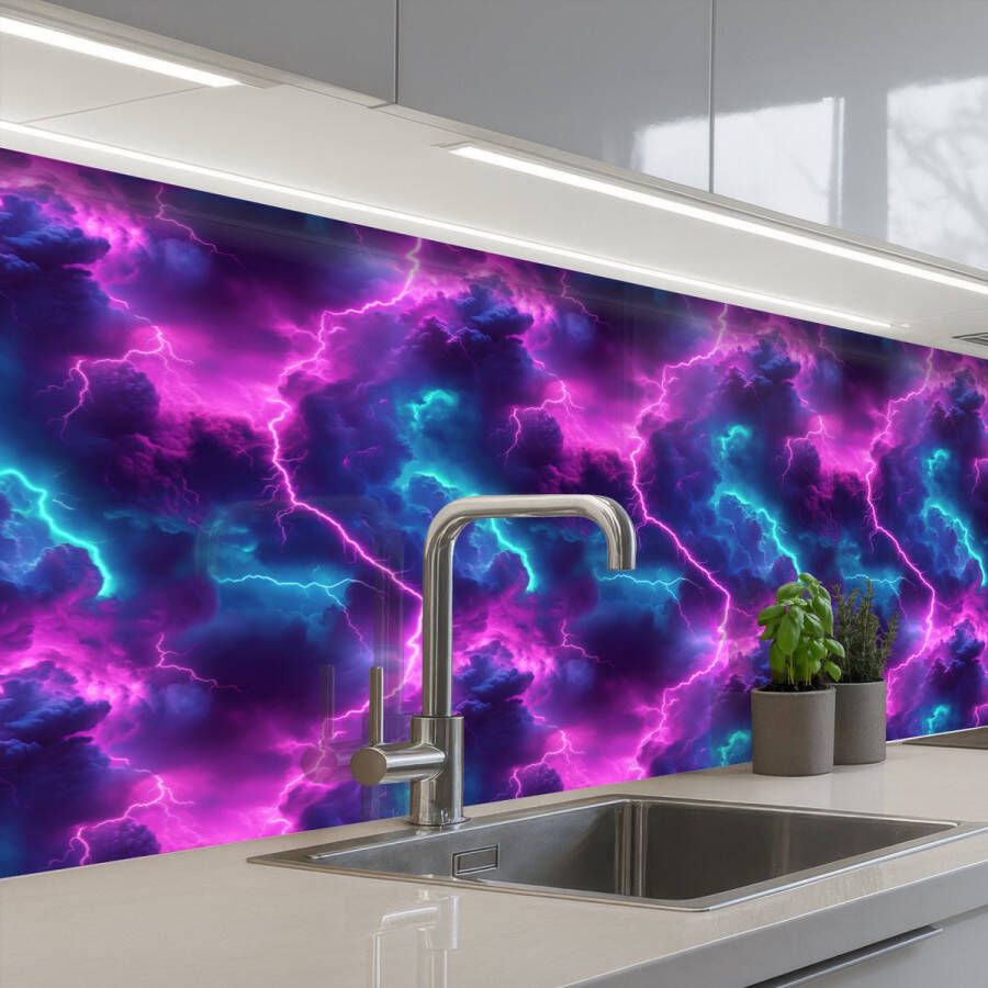 KitchenYeah Keuken achterwand 400x80 cm Spatscherm zelfklevend Elektrisch Neon Lucht Muurbeschermer Spatwand fornuis