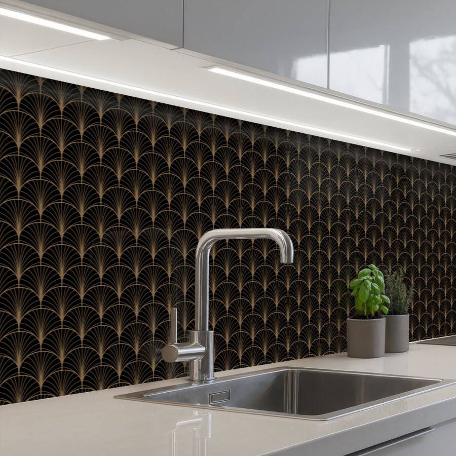 KitchenYeah Keuken achterwand 400x80 cm Spatscherm zelfklevend Gouden Waaiers Zwart Muurbeschermer Spatwand fornuis