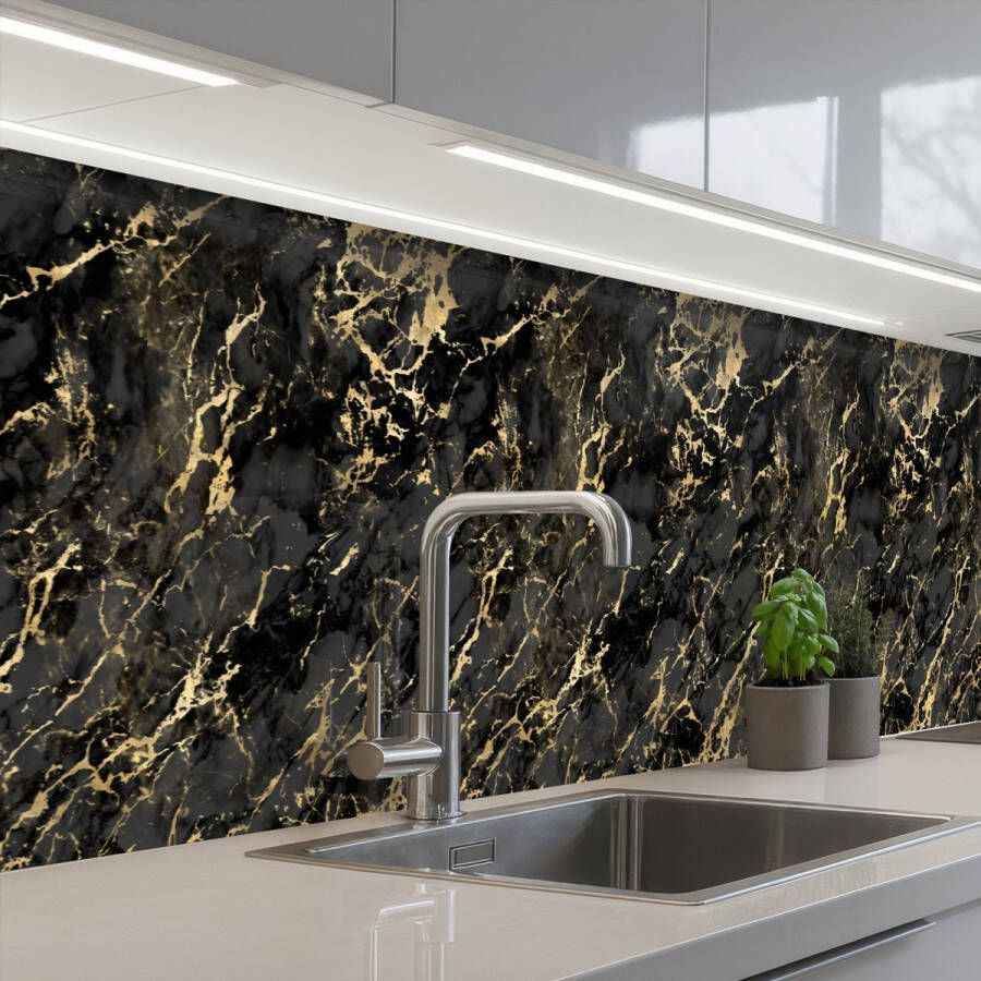 KitchenYeah Keuken achterwand 400x80 cm Spatscherm zelfklevend Marmer Zwart Goudstructuur Muurbeschermer Spatwand fornuis