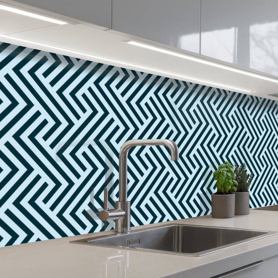KitchenYeah Keuken achterwand 400x80 cm Spatscherm zelfklevend Patroon Blauw Lijnen Zigzag Muurbeschermer Spatwand fornuis