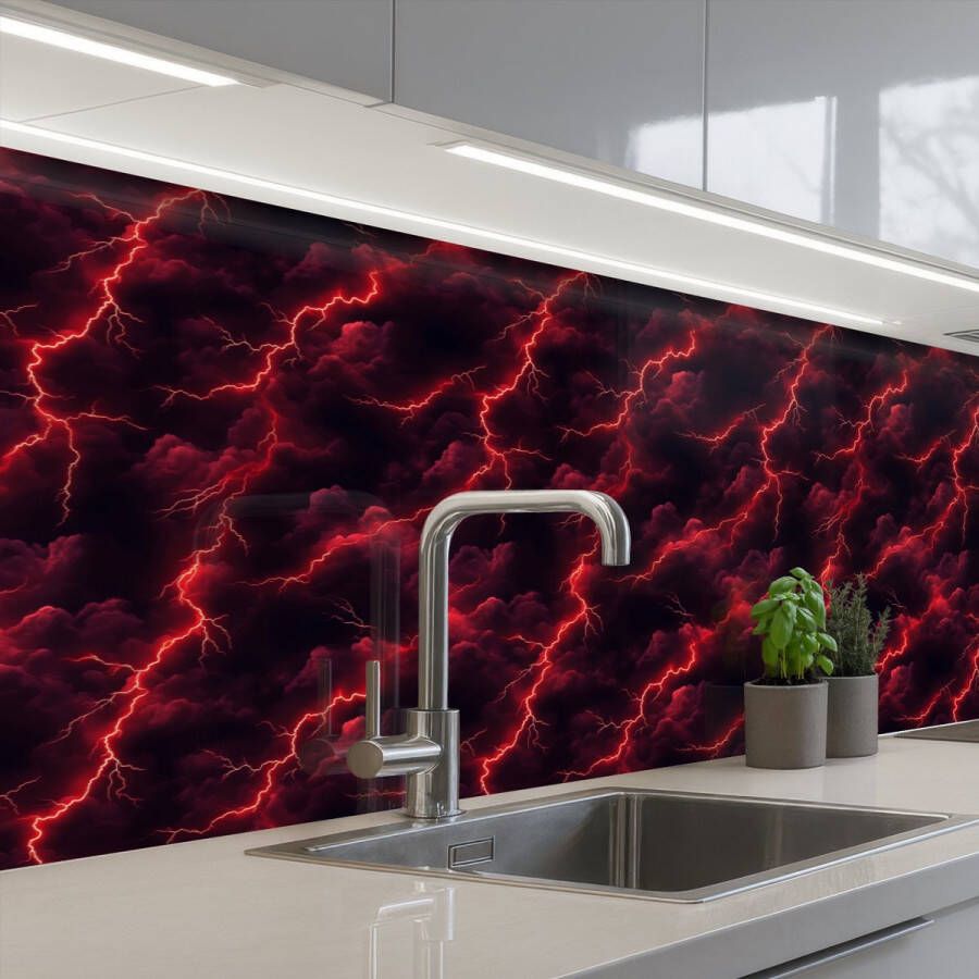 KitchenYeah Keuken achterwand 400x80 cm Spatscherm zelfklevend Rood Onweer Bliksem Wolken Muurbeschermer Spatwand fornuis