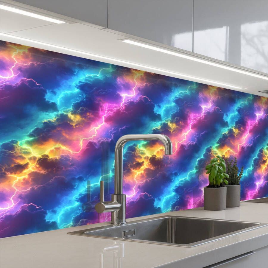 KitchenYeah Keuken achterwand 400x80 cm Spatscherm zelfklevend Storm Bliksem Regenboog Muurbeschermer Spatwand fornuis