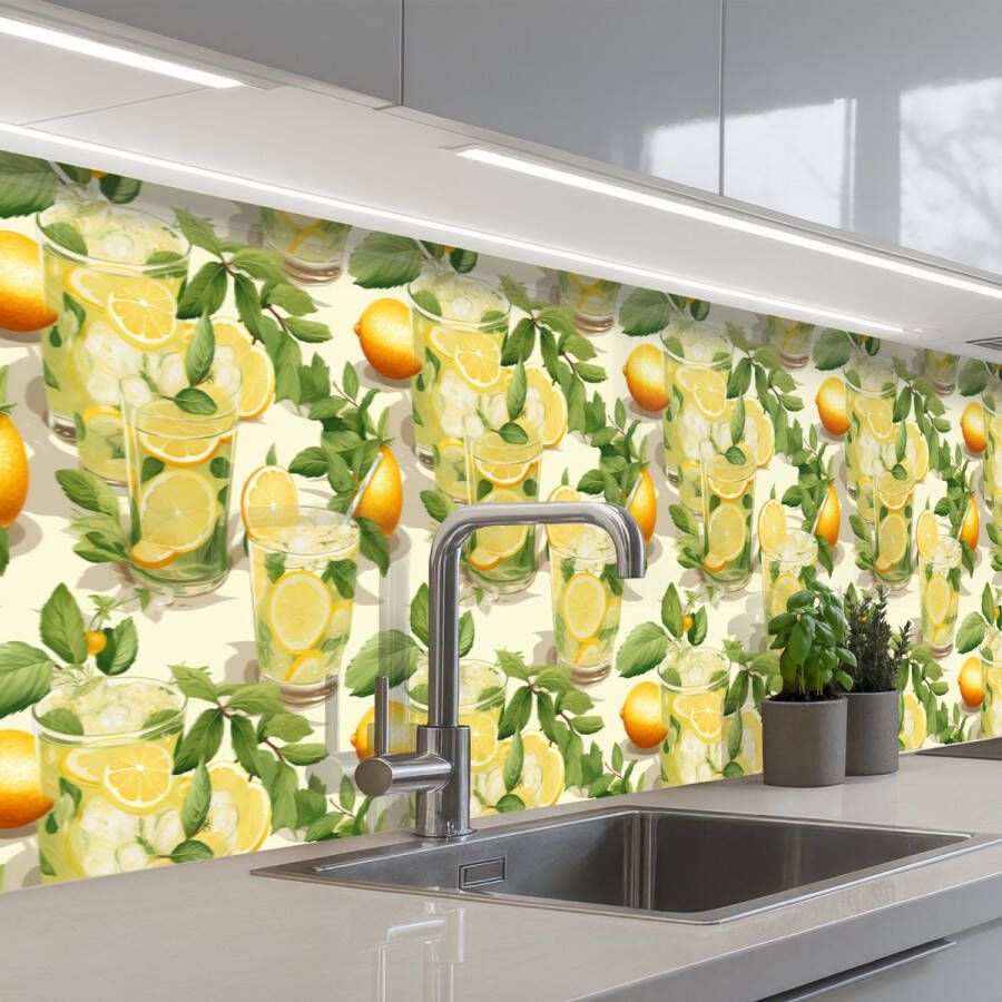 KitchenYeah Keuken achterwand 500x60 cm Spatscherm zelfklevend Citroen Drankje Glas Munt Muurbeschermer Spatwand fornuis