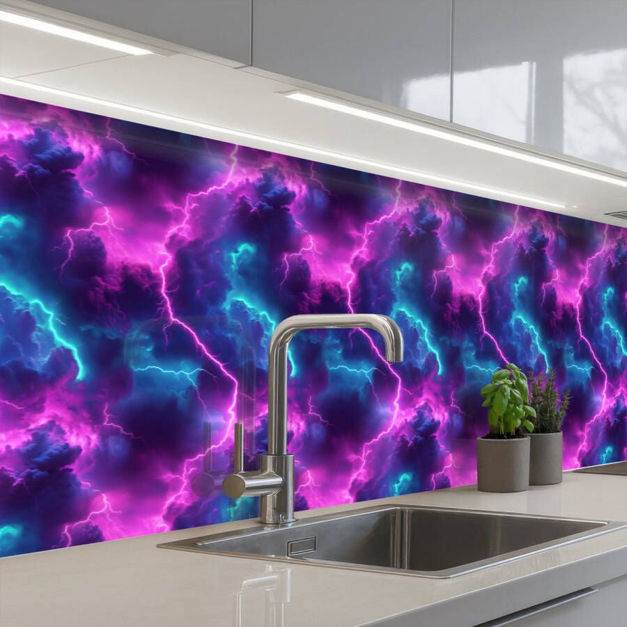 KitchenYeah Keuken achterwand 500x60 cm Spatscherm zelfklevend Elektrisch Neon Lucht Muurbeschermer Spatwand fornuis
