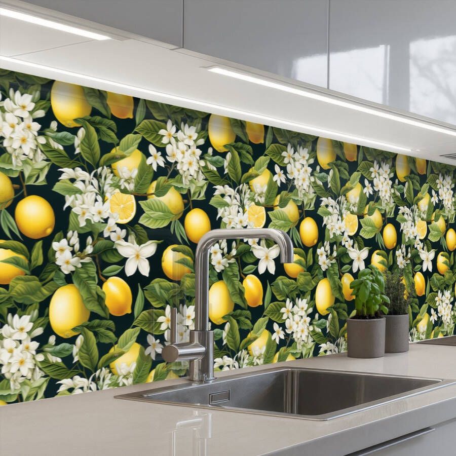 KitchenYeah Keuken achterwand 500x60 cm Spatscherm zelfklevend Hangende Citroenen Witte Bloemetjes Muurbeschermer Spatwand fornuis