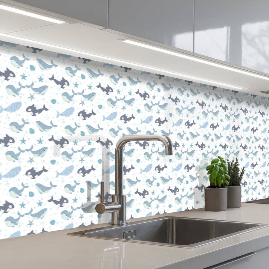 KitchenYeah Keuken achterwand 500x60 cm Spatscherm zelfklevend Oceaan Walvis Orka Blauw Muurbeschermer Spatwand fornuis