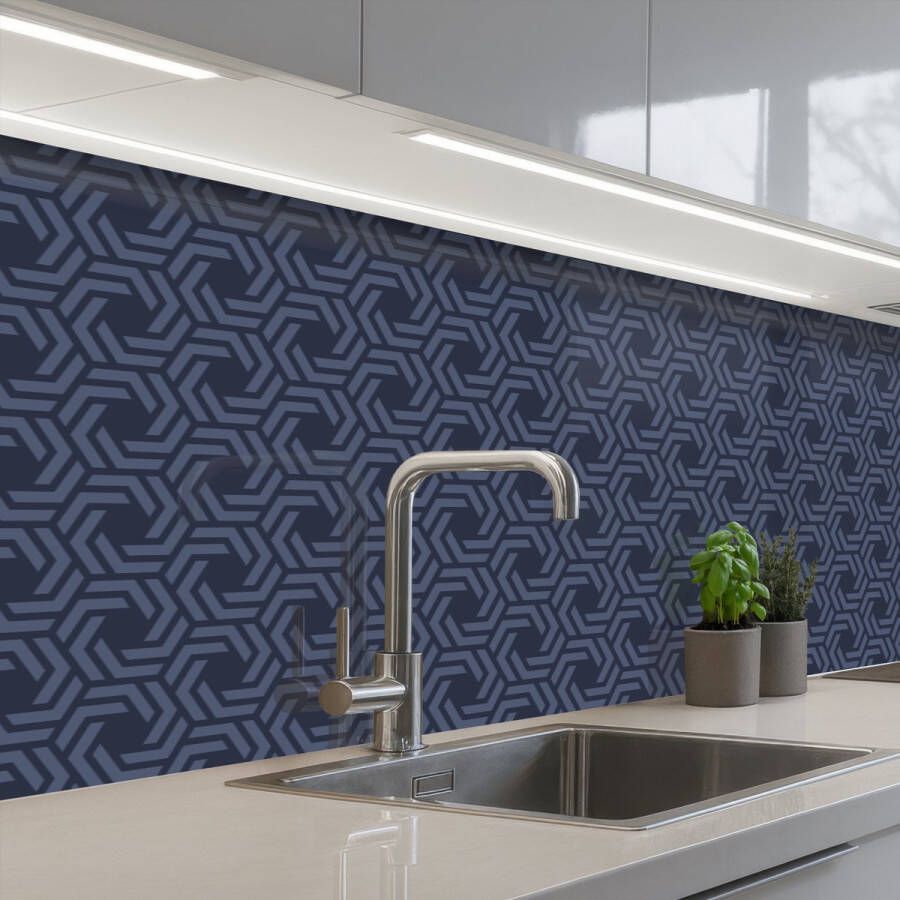 KitchenYeah Keuken achterwand 500x60 cm Spatscherm zelfklevend Patroon Blauw Geometrisch Muurbeschermer Spatwand fornuis