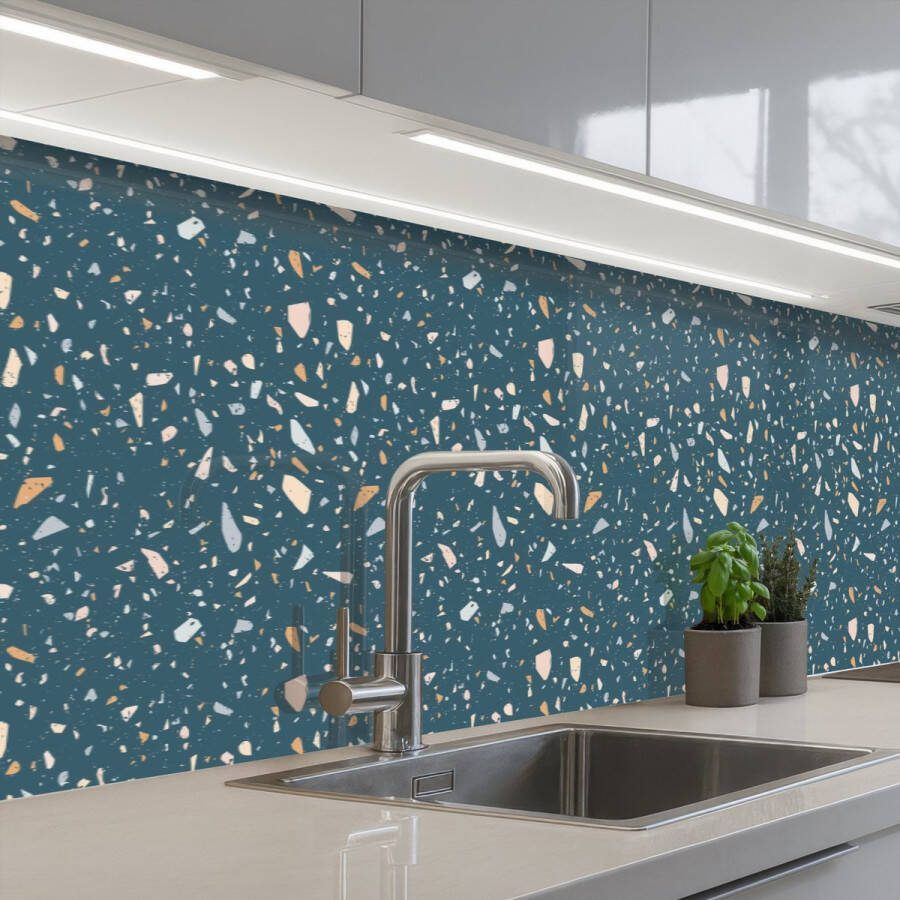 KitchenYeah Keuken achterwand 500x60 cm Spatscherm zelfklevend Terrazzo Patroon Kleurrijk Diep blauw Muurbeschermer Spatwand fornuis
